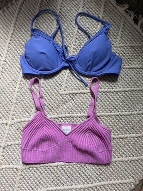 Pink Ribbed Bralette Purple Swimsuit Top Bundle